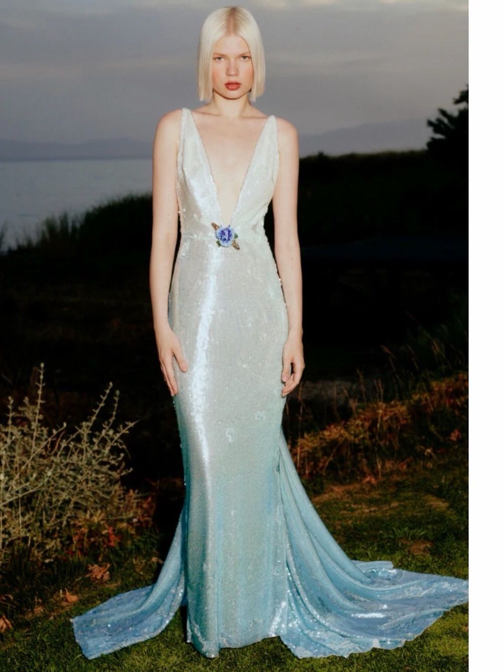 Sudi Etuz - DEEP V NECK SEQUIN GOWN WITH TRAIN White to Blue Gradient /Ombré